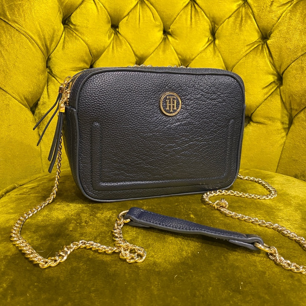 Leather Tommy Hilfiger Navy Blue Leather Crossbody Bag with Gold chain strap